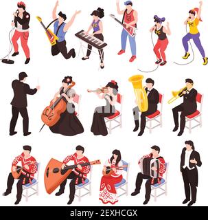 Musicians playing musical instruments isometric characters set with rock band  cellist trumpet classical jazz ensemble vector illustration Stock Vector