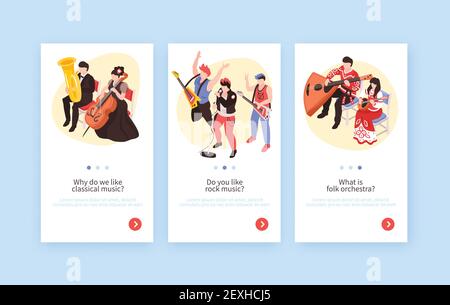 Musicians 3 isometric vertical banners set with classical music performance rock band and folk orchestra vector illustration Stock Vector