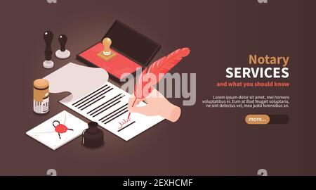 Isometric notary services horizontal banner with vintage workspace elements stamps and editable text with slider button vector illustration Stock Vector