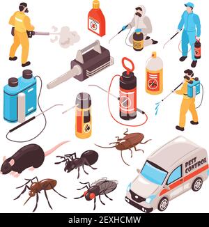 Pest control disinfection service isometric icons set with ant rat cockroach  professional exterminators team equipment vector illustration Stock Vector