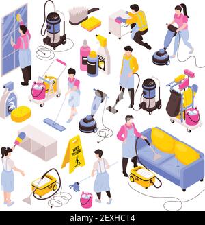 Isometric cleaning service set of isolated images cleanser products detergents vacuum cleaners and people in uniform vector illustration Stock Vector