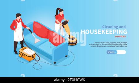 Isometric cleaning service horizontal banner with faceless human characters and couch with vacuum cleaner and text vector illustration Stock Vector
