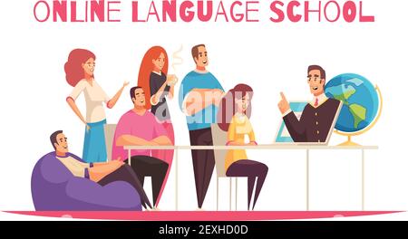 Online language school flat cartoon  horizontal composition with global community members training teacher tablet white background vector illustration Stock Vector