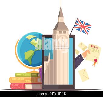 Language center online communication courses flat advertising composition with flag diploma tablet big ben dictionaries vector illustration Stock Vector