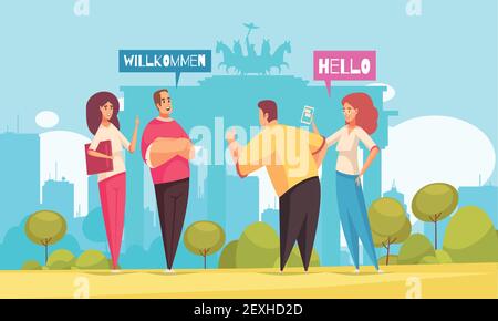 Language center courses conversation training flat composition with 4 beginners and brandenburg gate in background vector illustration Stock Vector