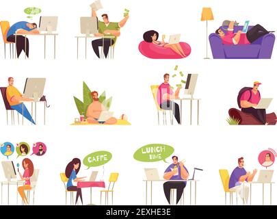 Freelancer at work flexible remote home traveling relaxing on beach icons big set flat cartoon vector illustration Stock Vector