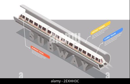 Transport isometric composition with subway train in tunnel 3d vector illustration Stock Vector