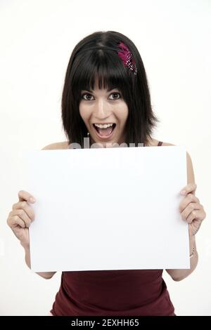 Woman Holding Business Advertising Blank White Square Space Stock Photo
