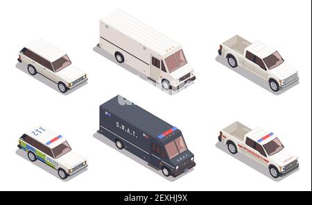 Isometric composition with emergency police cars and other transport isolated on white background 3d vector illustration Stock Vector