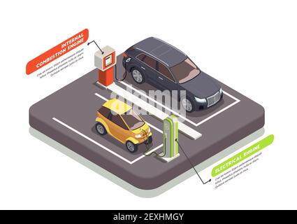 Transport isometric composition with two cars at charging and petrol stations 3d vector illustration Stock Vector