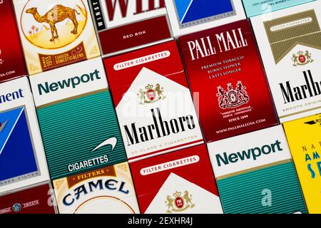 altria cigarette brands Camel, Winston, Parliament, Marlboro Red, Marlboro Gold, Marlboro Menthol,  American Spirit, Pall Mall, Newport and Winston cigarette brands  manufactured by Philip Morris (Altria), R. J. Reynolds and Lorillard,  photographed in Washington, DC,