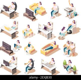 Set of isolated sedentary lifestyle isometric icons of people sitting in different environments with furniture items vector illustration Stock Vector