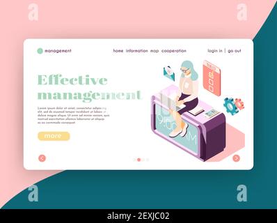 Effective management isometric landing page website design with female character at work icons and clickable links vector illustration Stock Vector