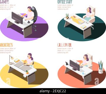 Sedentary lifestyle isometric 4x1 set of compositions with working place spots tables and people with text vector illustration Stock Vector