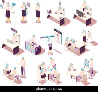 Effective management isometric icons collection with isolated human characters furniture and conceptual pictograms with productivity items vector illu Stock Vector
