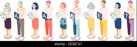 Isometric management people set background with row of isolated human characters holding plates with alphabetical characters vector illustration Stock Vector