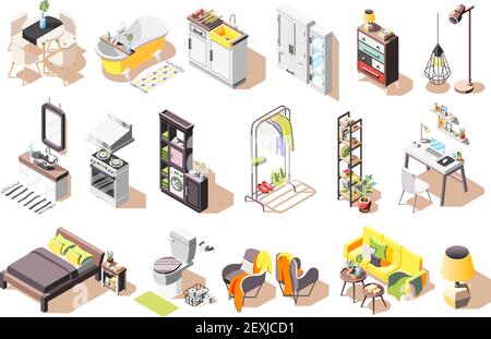 Loft interior icons collection of isolated images with modern style furniture for living rooms and bathroom vector illustration Stock Vector