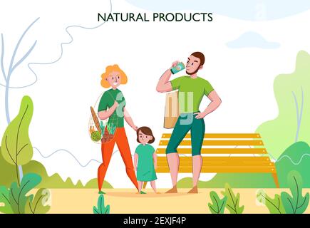 Zero waste lifestyle with young fit family outdoor using eco friendly sustainable natural products flat vector illustration Stock Vector