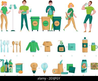 Zero waste protecting environment collecting sorting choosing natural organic sustainable materials flat icons images set vector illustration Stock Vector