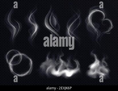 Steam smoke with ring and swirl shape realistic set white on dark transparent background isolated vector illustration Stock Vector