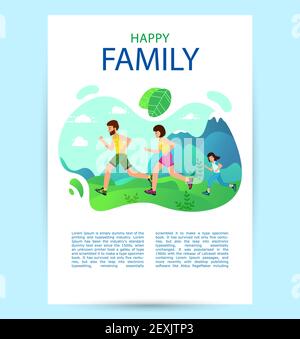 Vertical banner or poster. Happy Family with children running or jogging for sport. fitness in summer in park. Good relations in family. Healthy activ Stock Vector