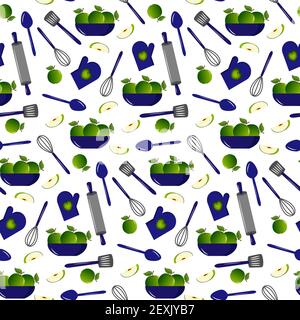 Pattern with apples and kitchen tools.  Stock Vector