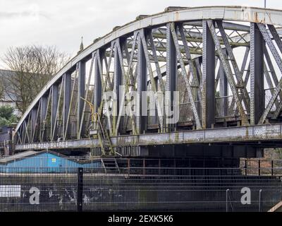 MANCHESTER, UNITED KINGDOM - Feb 13, 2021: Barton swing road and canal bridge over the Mnachester ship canal Stock Photo