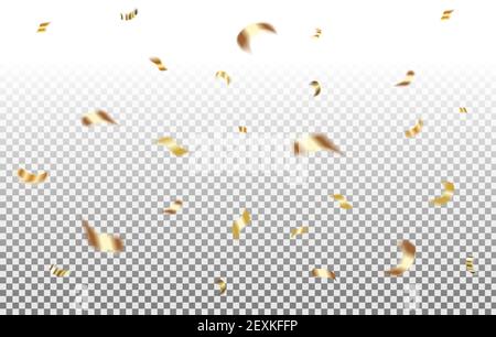 Falling golden glittering confetti. Festive Christmas banner. Invitation frame. Realistic illustration isolated on transparent background. Vector. Stock Vector