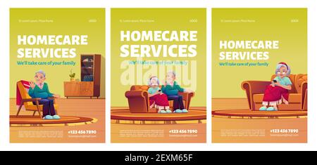 Homecare services posters. Social aid and care for old patients at home concept. Happy senior couple man and woman sitting in armchair or sofa in their house, Cartoon vector illustration, flyers set Stock Vector