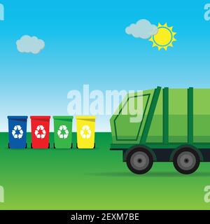 Garbage truck in a rural landscape with garbage containers Stock Vector