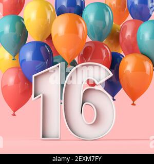 Happy 16th birthday background with colourful balloons. 3D Rendering Stock Photo