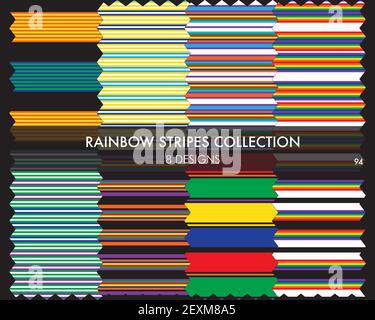Rainbow striped seamless pattern collection includes 8 design swatches for fashion textiles, graphics Stock Vector