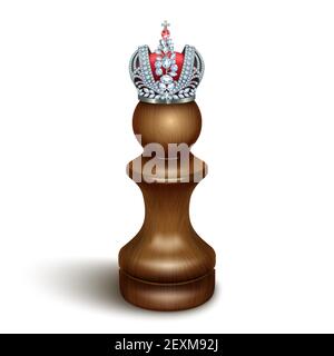 A pawn with a crown on his head. The concept of success, personal growth, hidden talents. Isolated on white background 3D realistic illustration. Vect Stock Vector