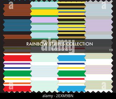 Rainbow striped seamless pattern collection includes 8 design swatches for fashion textiles, graphics Stock Vector