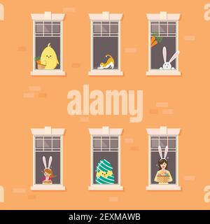 Apartment building facade with neighbor easter character in open windows. vector illustration. Stock Vector