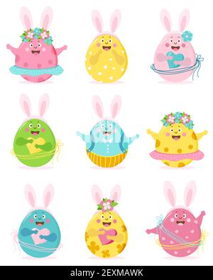Happy easter. Set of colored cute Easter eggs with face, eyes, hands and bunny ears. The characters are a boy and a girl, in a skirt and pants, with f Stock Vector