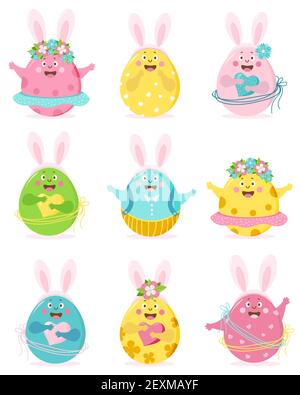 Happy easter. Set of colored cute Easter eggs with face, eyes, hands and bunny ears. The characters are a boy and a girl, in a skirt and pants, with f Stock Vector