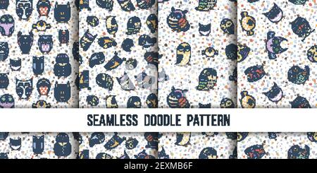 Set of seamless doodle owl patterns. Cute print collection for kids, scrap and other. Vector endless illustrations Stock Vector