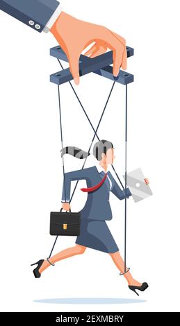 Businesswoman marionette is hanging on ropes. Hand of puppeteer holding business woman on leash. Puppet doll worker, abuse of power, manipulation. Vector illustration in flat style Stock Vector