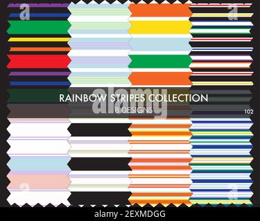 Rainbow striped seamless pattern collection includes 8 design swatches for fashion textiles, graphics Stock Vector