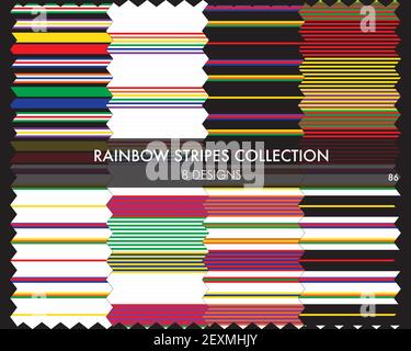Rainbow striped seamless pattern collection includes 8 design swatches for fashion textiles, graphics Stock Vector