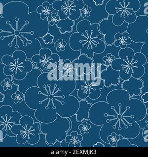 Vector blue seamless background white blossoming cherry flower sakura. White contour lines and strokes. Seamless pattern background Stock Vector
