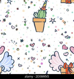 Vector pattern with wings and horns of cute unicorns, gifts and cactus, dots and stars. Magic vector seamless background Stock Vector