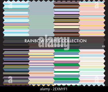 Rainbow striped seamless pattern collection includes 8 design swatches for fashion textiles, graphics Stock Vector