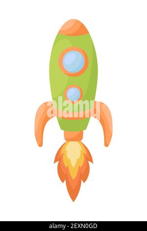 Cute green rocket with fire on white background. Cartoon transport for kids cards, baby shower, birthday invitation, house interior. Bright colored ch Stock Vector