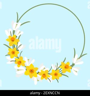 Circular frame with spring flowers. Round frame with snowdrops daffodils. Bright yellow and white colors. Vector. Summer postcard template. Stock Vector