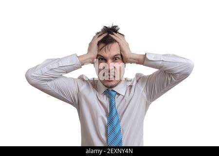 Angry businessman is holding his head. Isolated on white background. Stock Photo