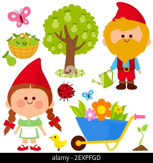 Gardening illustration collection with garden gnomes. Stock Photo