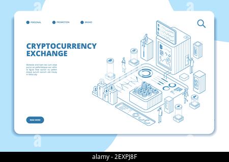Cryptocurrency exchange isometric concept. Modern trade technology blockchain exchange. Digital crypto business vector landing page Stock Vector