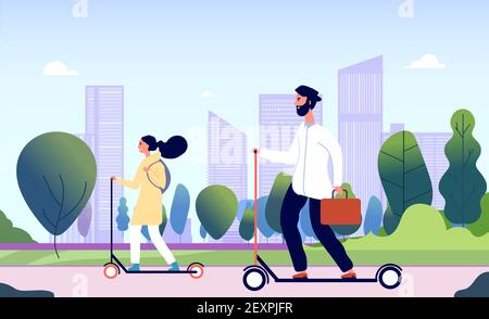 People riding electric kick scooter. Happy smiling guys ride in city park. Modern electrical personal transportation vector concept Stock Vector